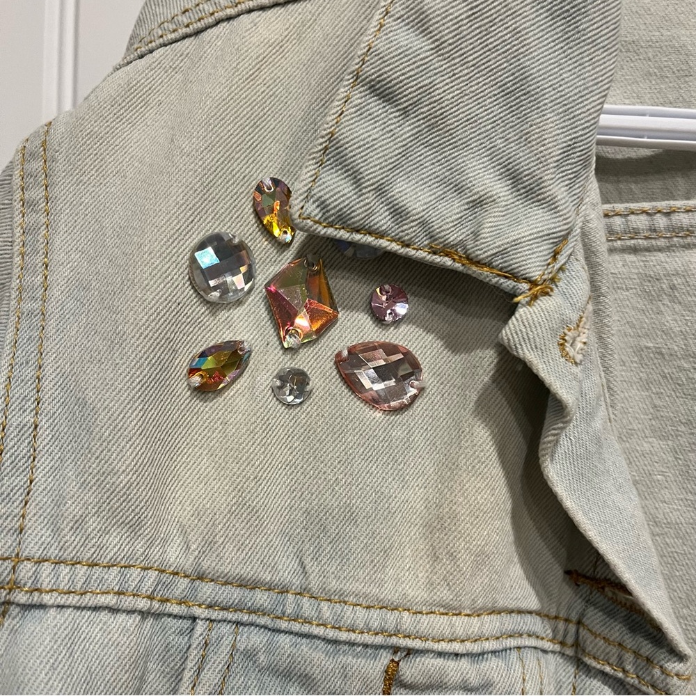 bejeweled cropped faded denim jacket